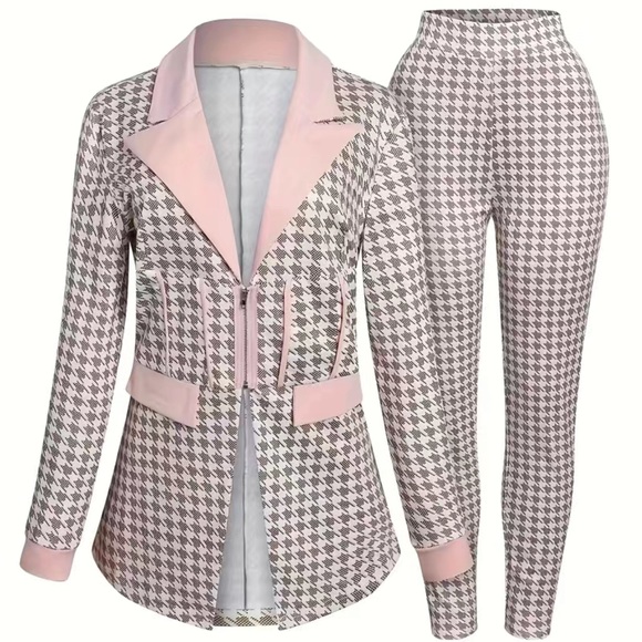 Elegant Houndstooth Print Two-piece Pant Set in Pink/Brown - Picture 1 of 3